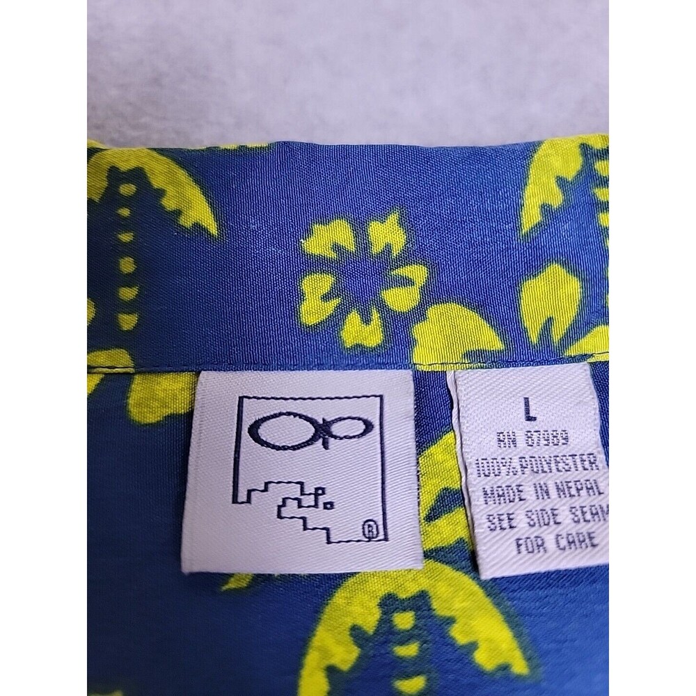 VTG OP Ocean Pacific Hawaiian Shirt Mens L Blue Green Girls Floral Palm Loop - Picture 2 of 12